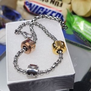 Steeltime S.S. Bracelet Tri Gold and Rose Gold Silver W/Swarovski Crystals Brac.